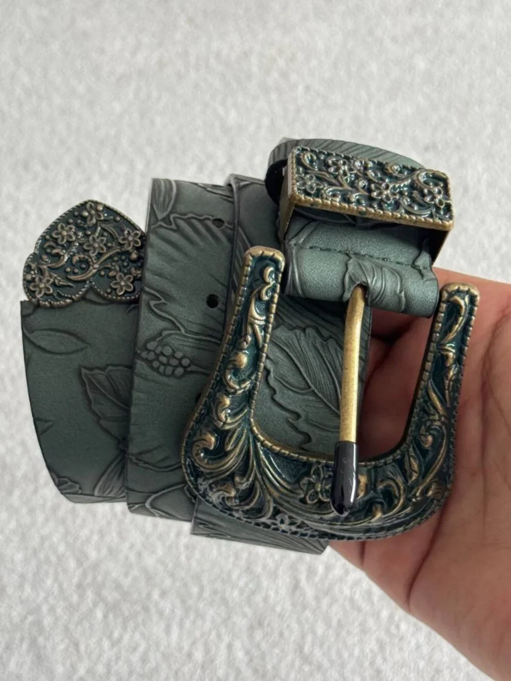 Green Embossed Western Belt with Ornate Buckle